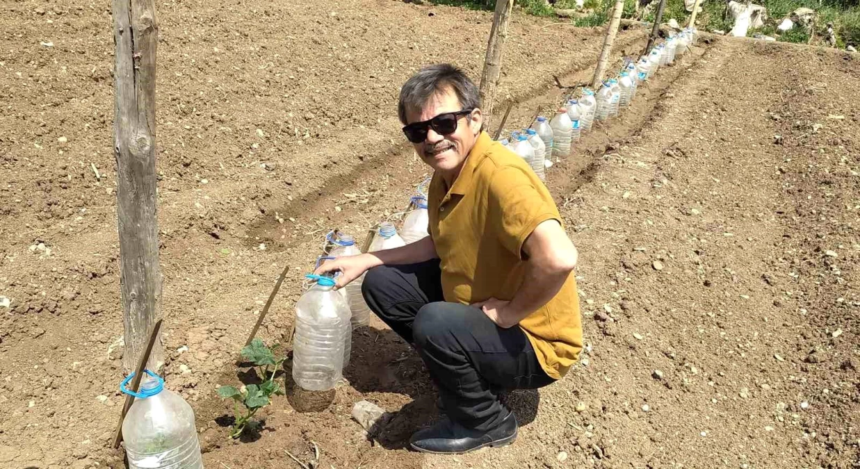 Kütahya’da çiftçi sebze fidelerini pet şişelerle koruyor